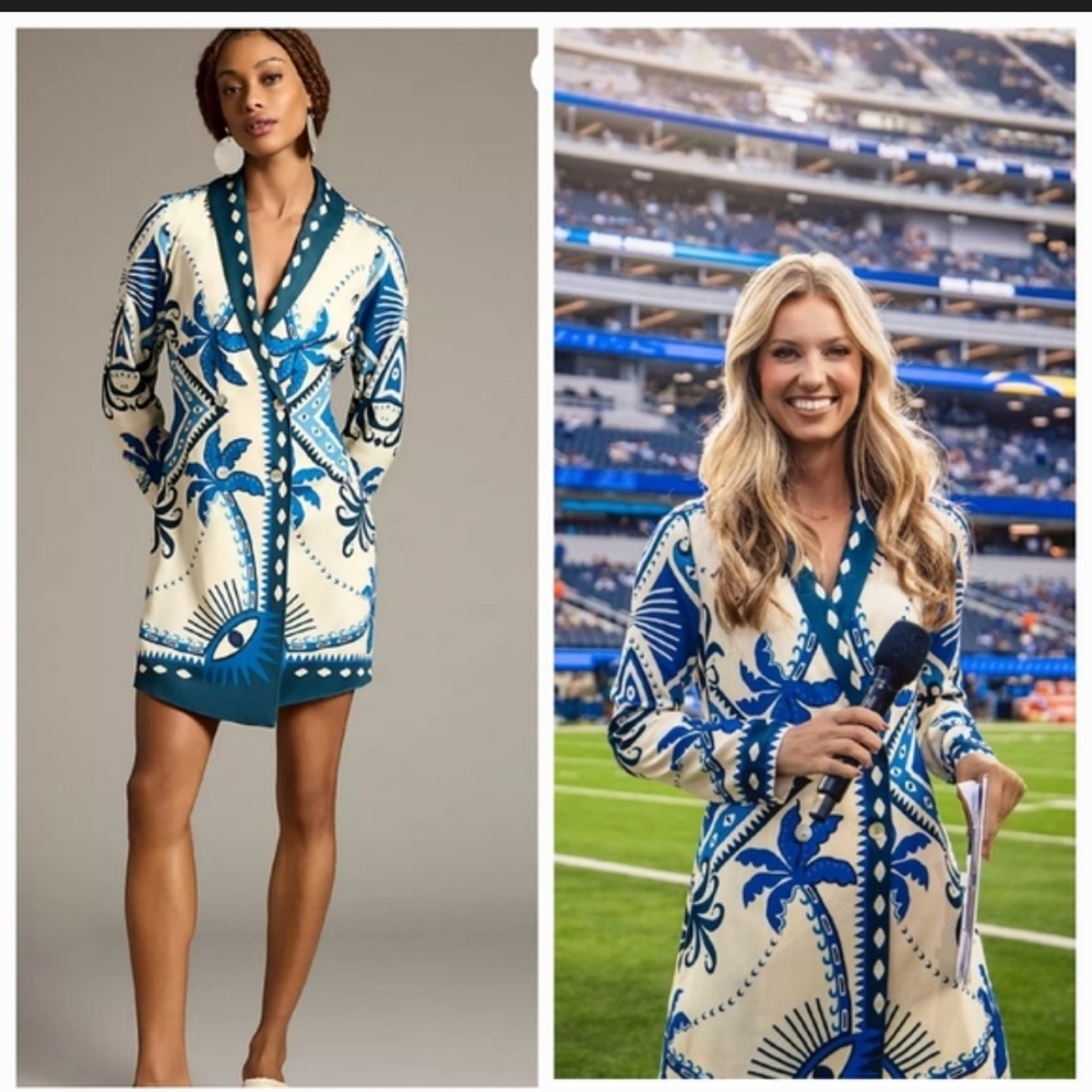 FARM Rio Tropical Blue and Cream Long Sleeve Dress